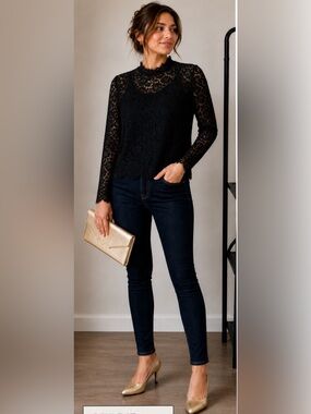 J. Crew Black Lace Blouse Size 2 Long Sleeve Sheer Floral Top Elegant